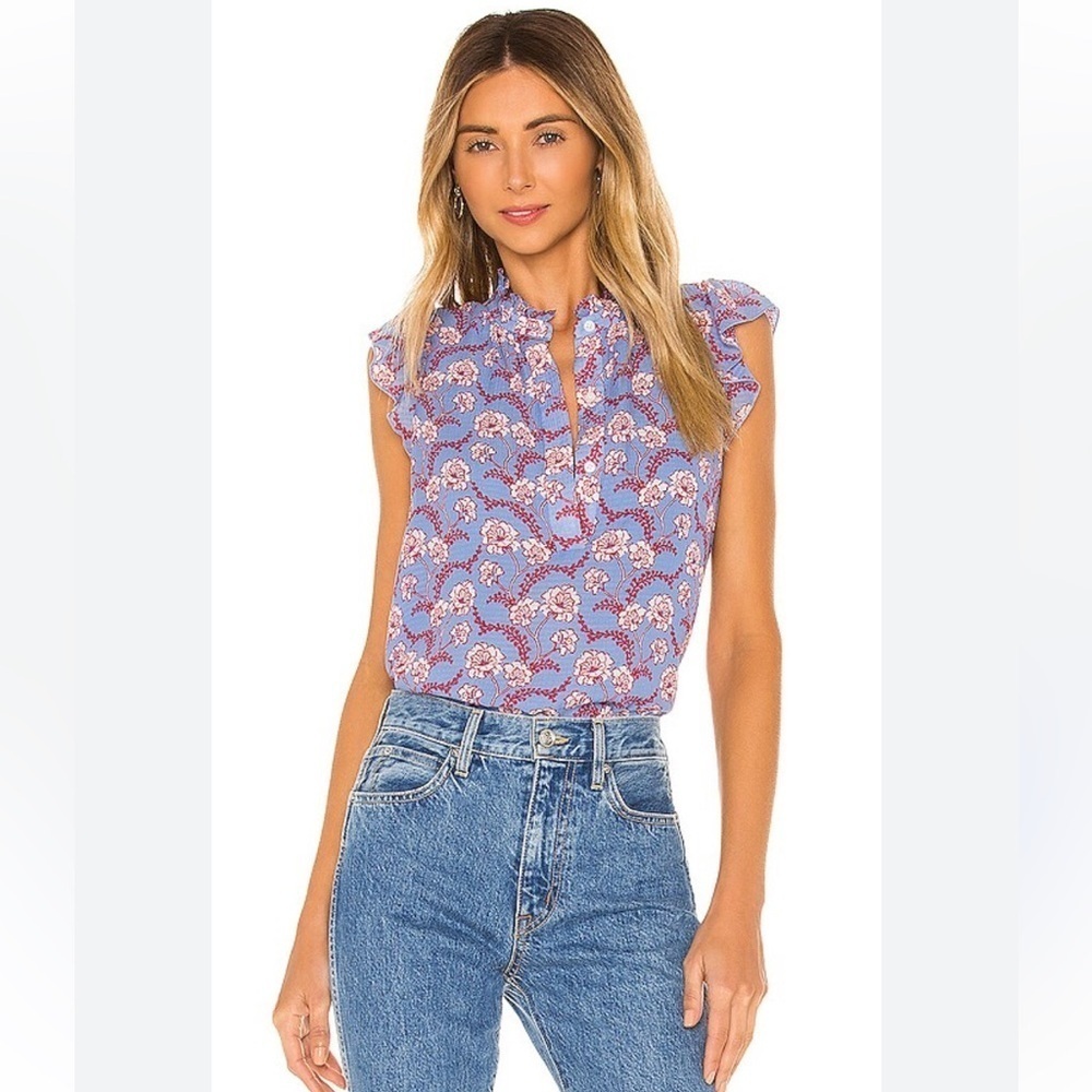 A.L.C Foley Top in Blue & Red Multi Silk Flutter Sleeve Floral Size 10